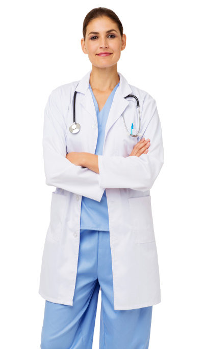 Portrait of confident mid adult doctor standing arms crossed over white background. Vertical shot.
